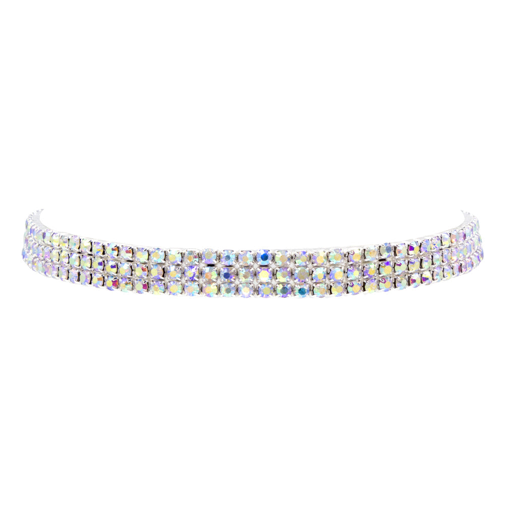 #13332ABS - 3 Row Stretch Rhinestone Necklace - (Iridescent Stones) AB Silver-0