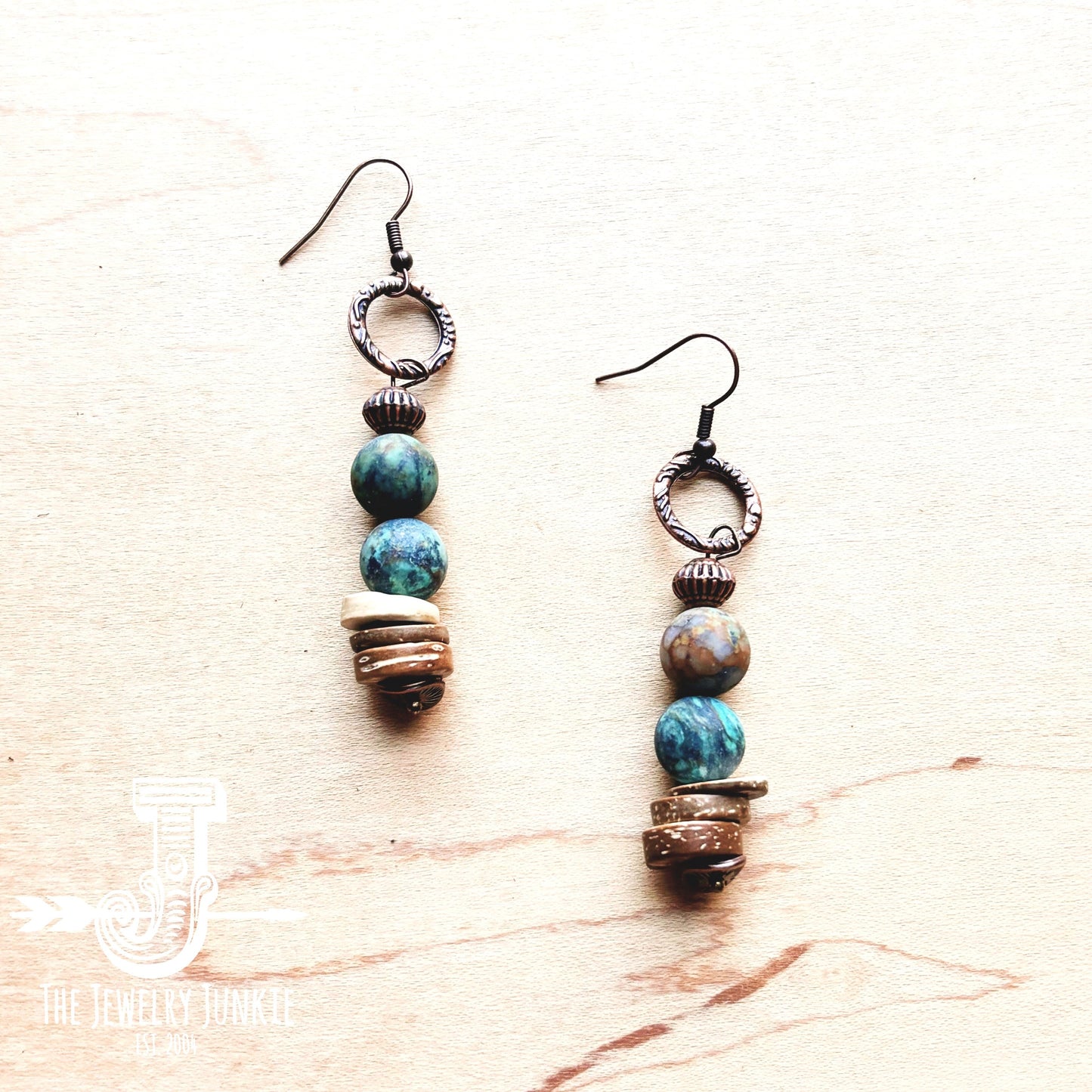 Frosted African Turquoise and Wood Earrings (220d)-0