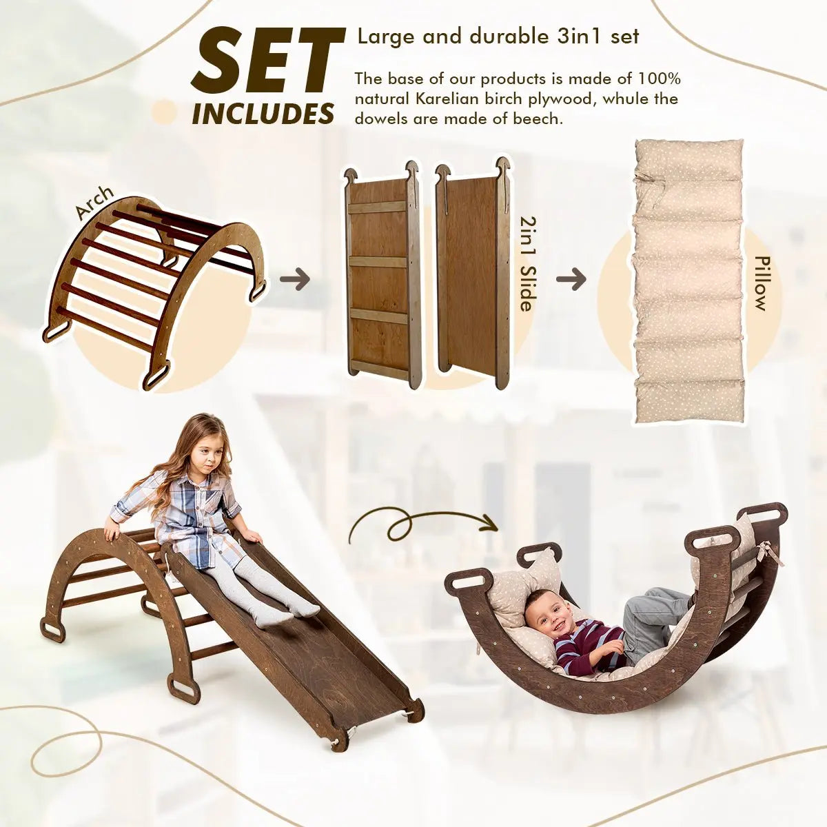 3in1 Montessori Climbing Set: Climbing Arch + Slide Board + Cushion – Chocolate-1