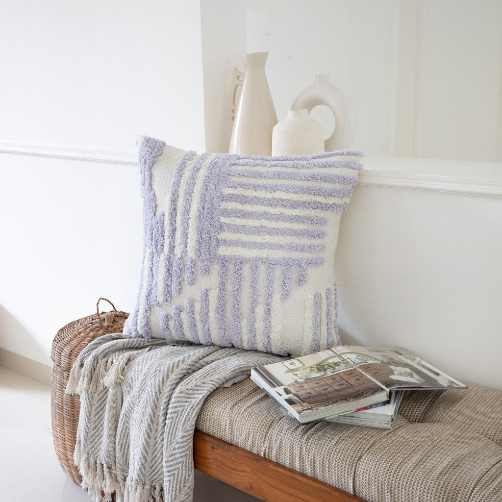 22" Purple and White Geometric Cotton Throw Pillow With Texture-7