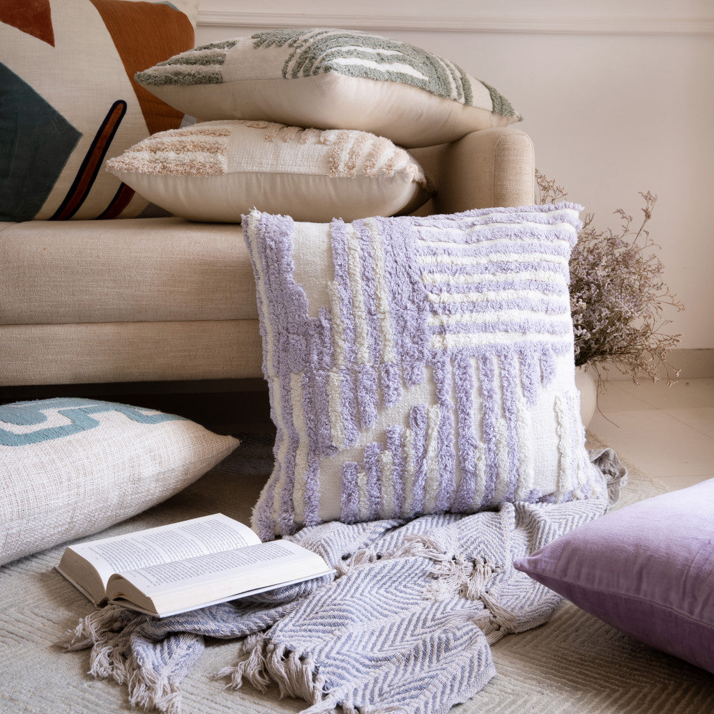 22" Purple and White Geometric Cotton Throw Pillow With Texture-8