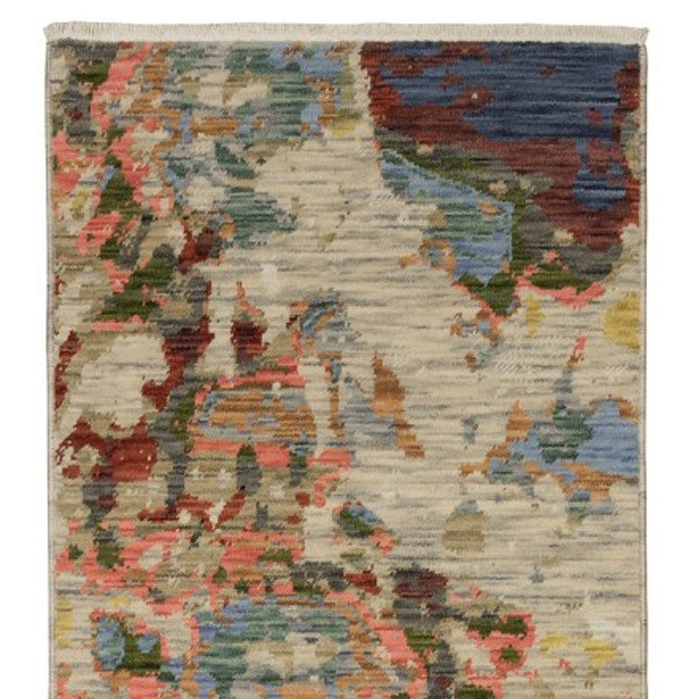 12' Beige Pink And Yellow Abstract Runner Rug With Fringe-3