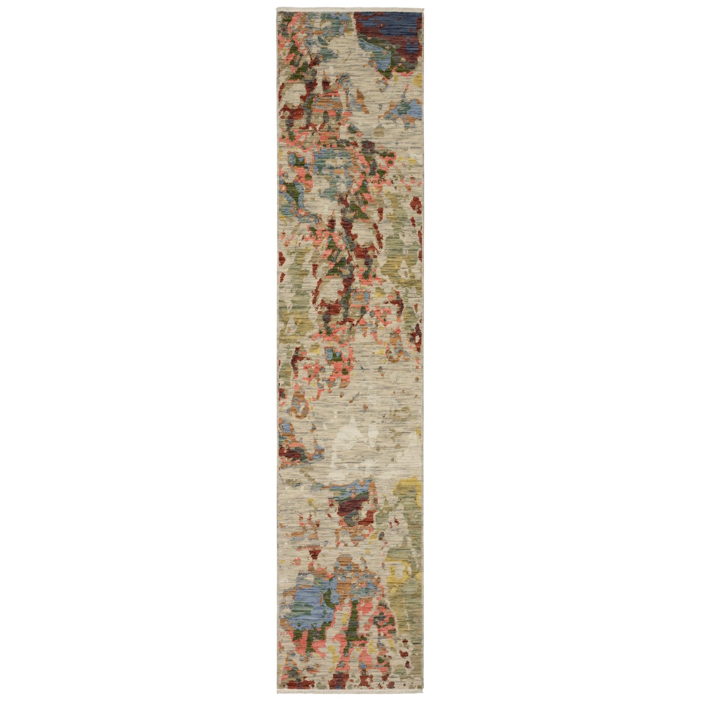 12' Beige Pink And Yellow Abstract Runner Rug With Fringe-1