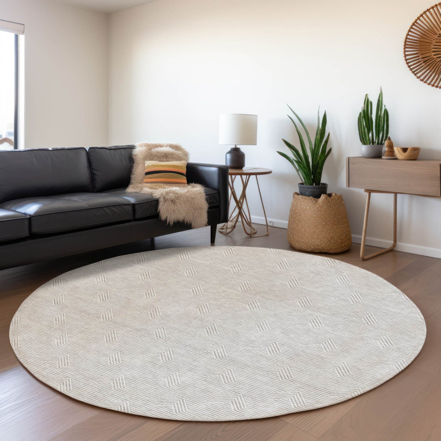 8' Taupe And Ivory Round Geometric Washable Indoor Outdoor Area Rug-5