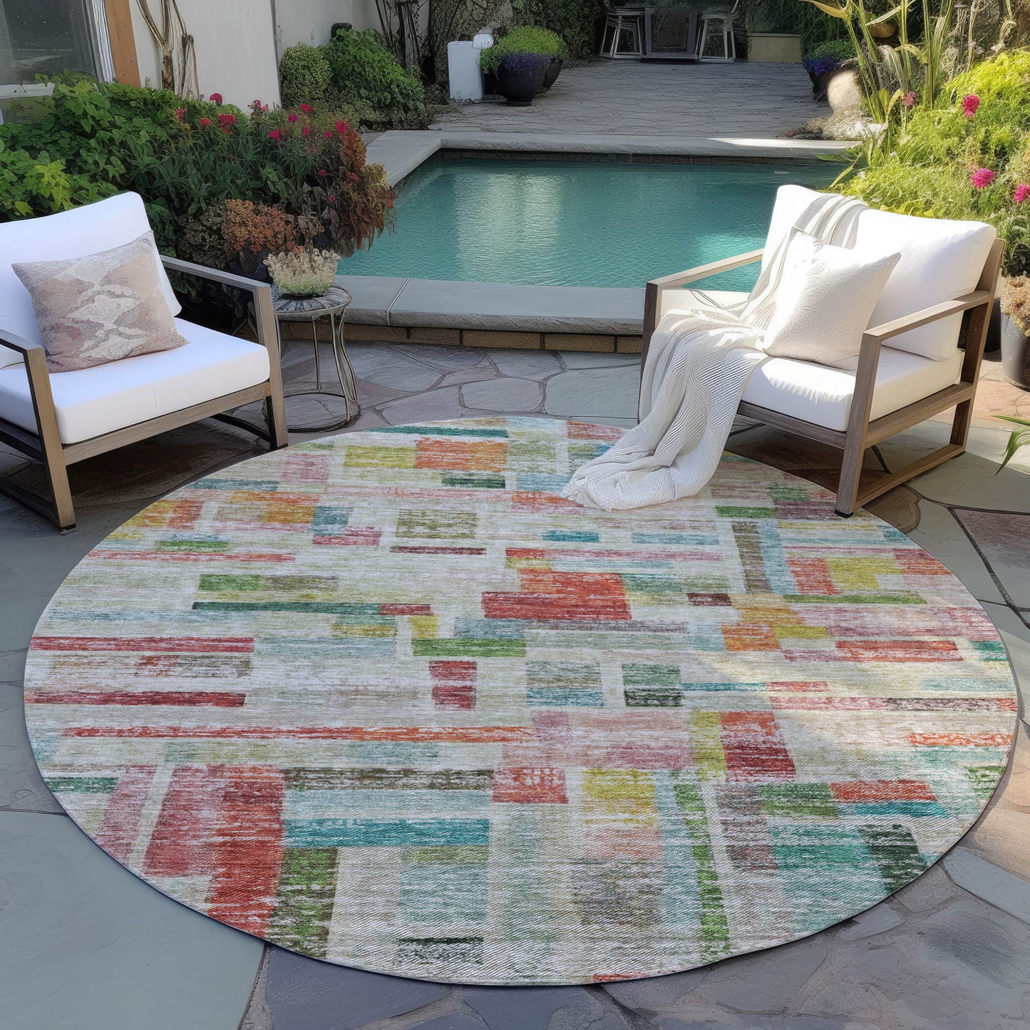 8' Terra Cotta Green And Brown Round Striped Washable Indoor Outdoor Area Rug-6