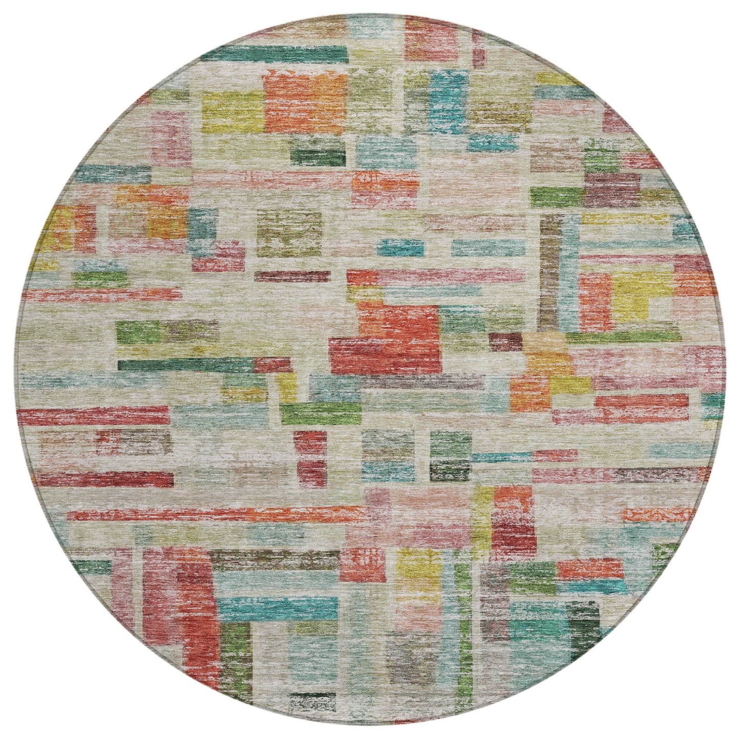 8' Terra Cotta Green And Brown Round Striped Washable Indoor Outdoor Area Rug-1