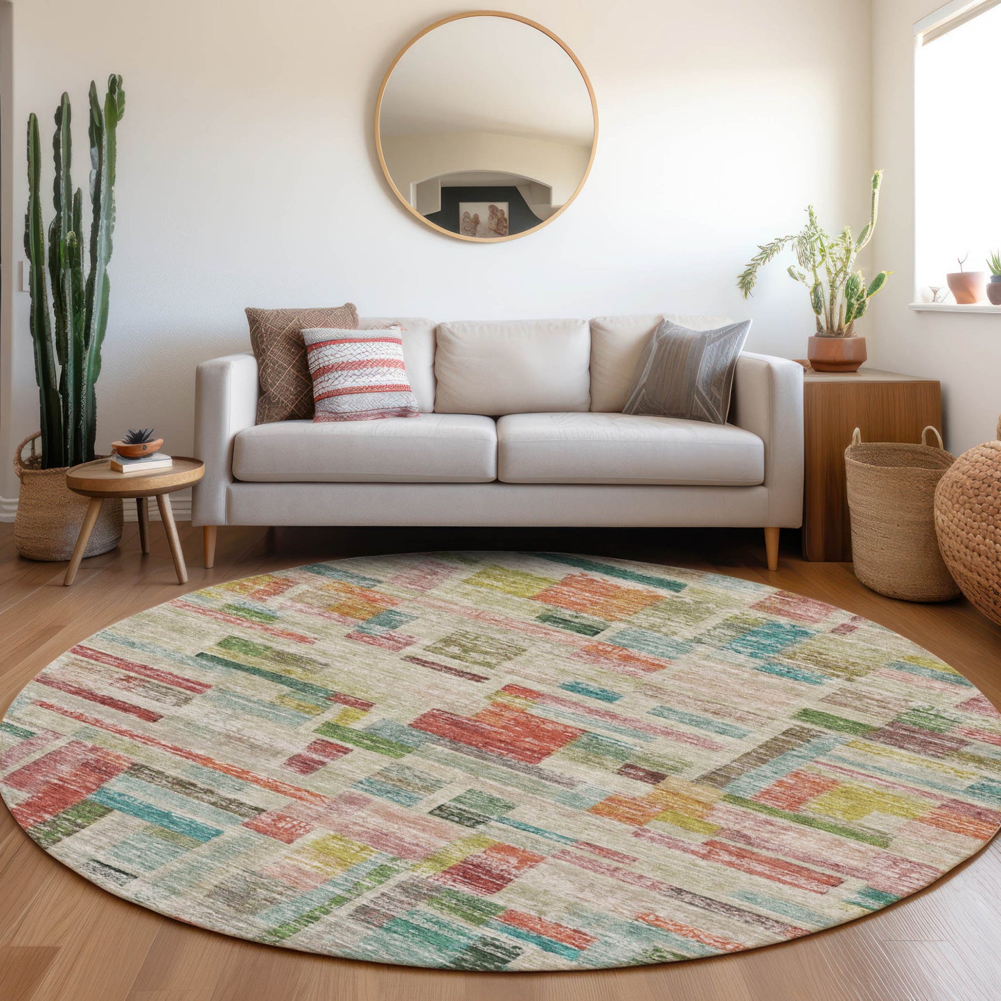 8' Terra Cotta Green And Brown Round Striped Washable Indoor Outdoor Area Rug-7