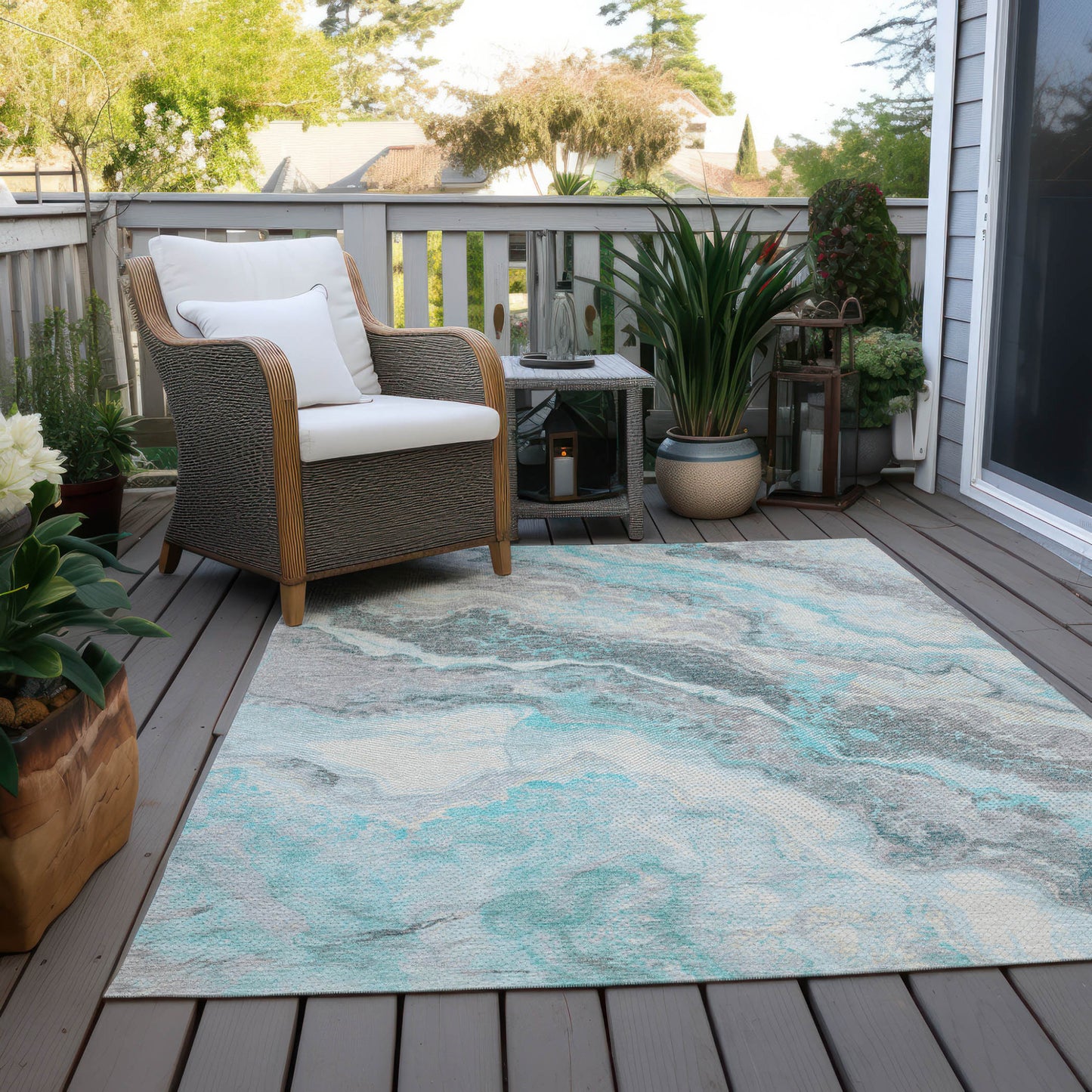 3' X 5' Teal Blue And Silver Abstract Washable Indoor Outdoor Area Rug-7