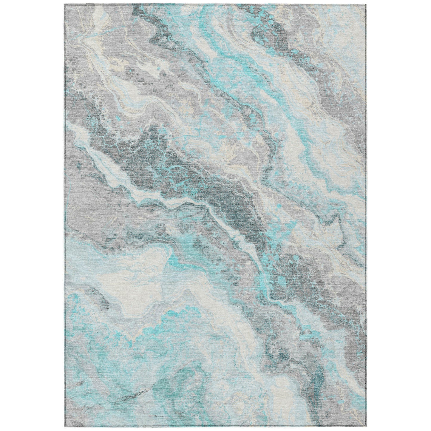 3' X 5' Teal Blue And Silver Abstract Washable Indoor Outdoor Area Rug-1