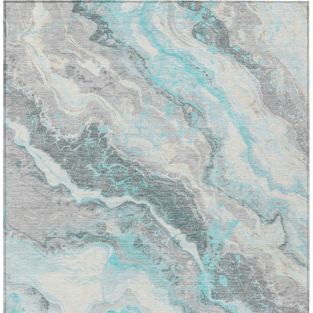 3' X 5' Teal Blue And Silver Abstract Washable Indoor Outdoor Area Rug-5