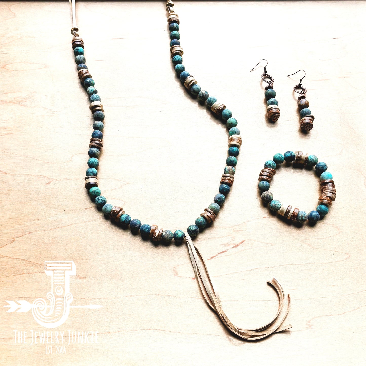 Frosted African Turquoise and Wood Earrings (220d)-1