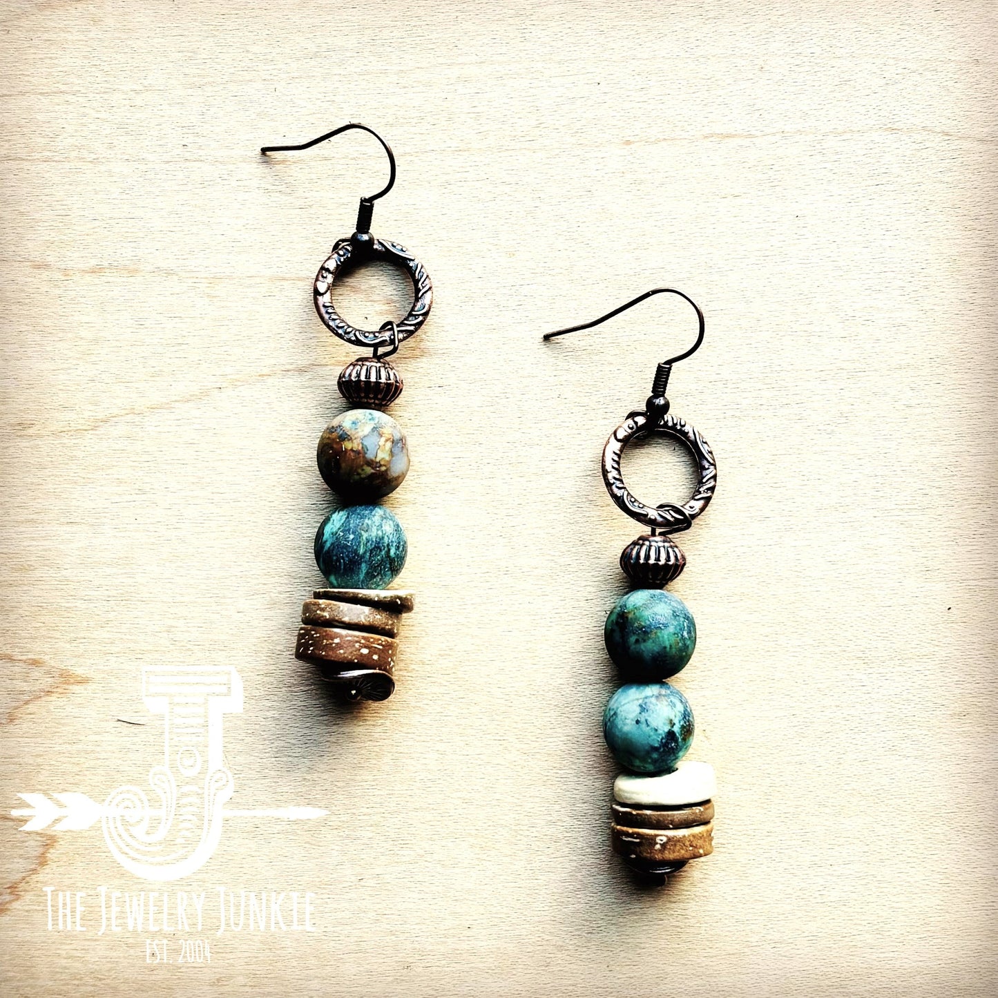 Frosted African Turquoise and Wood Earrings (220d)-2