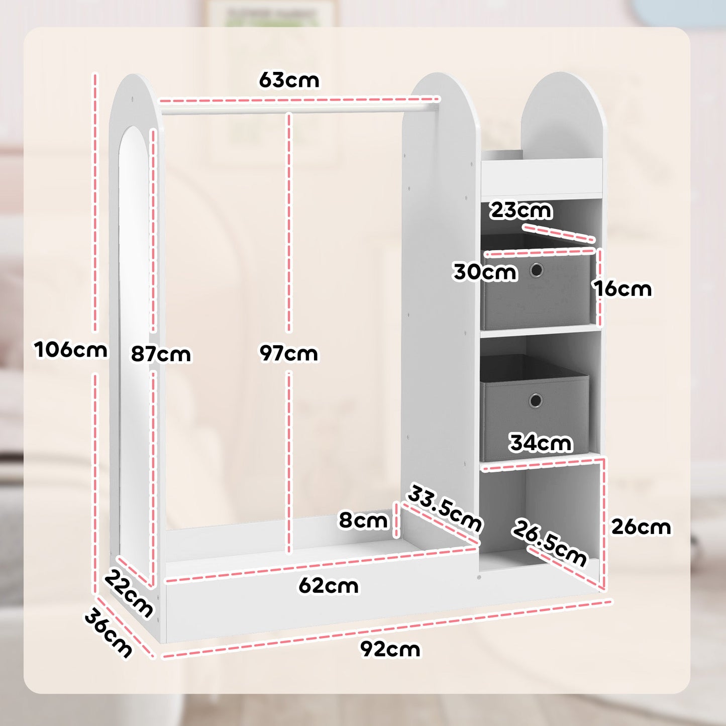 Kids Clothes Rail with Storage Shelf, Boxes, Mirror for Bedroom, Nursery, White-2