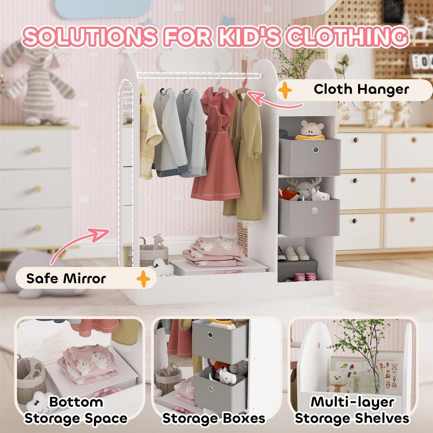Kids Clothes Rail with Storage Shelf, Boxes, Mirror for Bedroom, Nursery, White-3