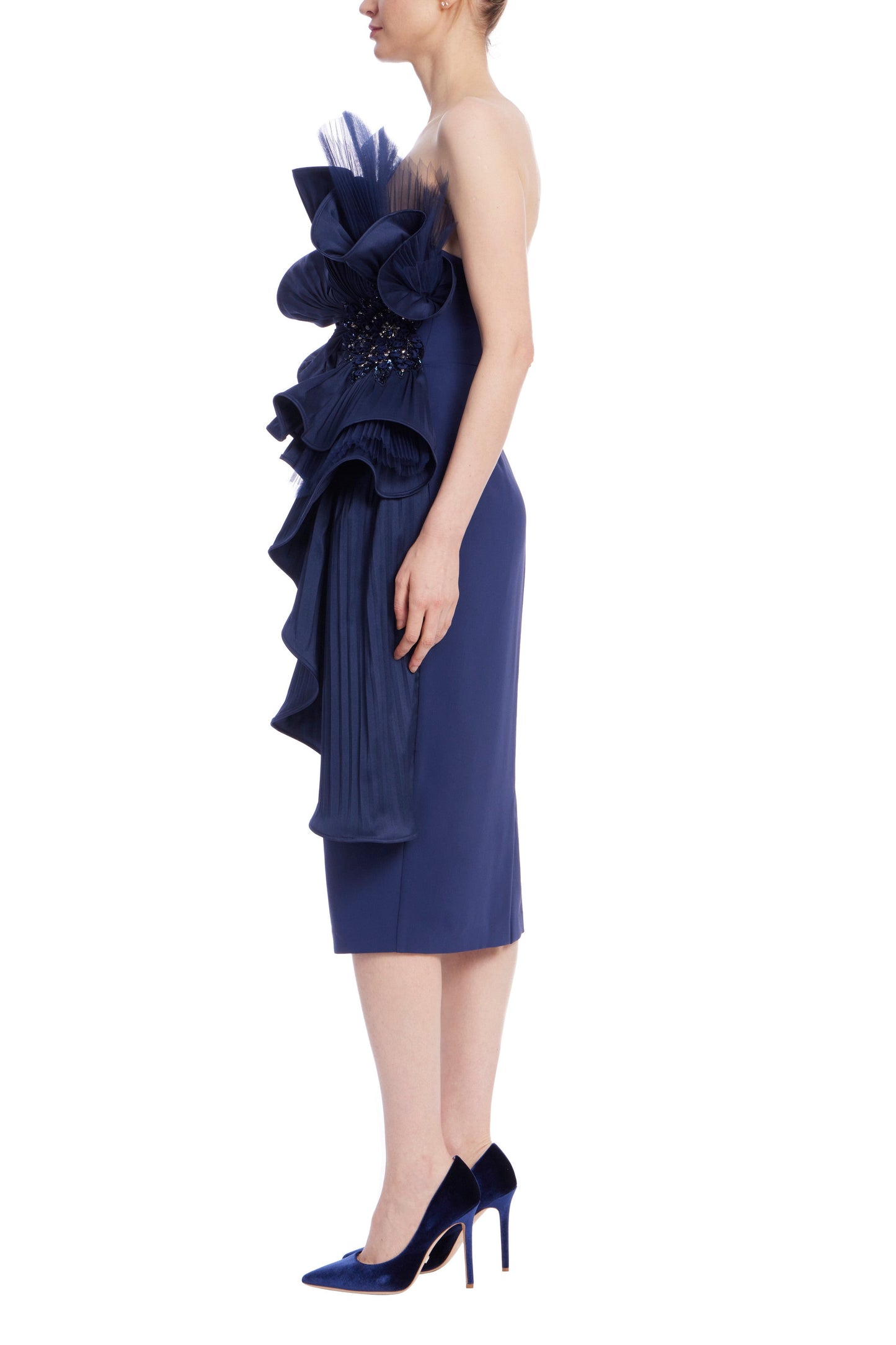 Badgley Mischka Pleated Pinwheel Ruffle Drape Sleeveless Midi Dress-1