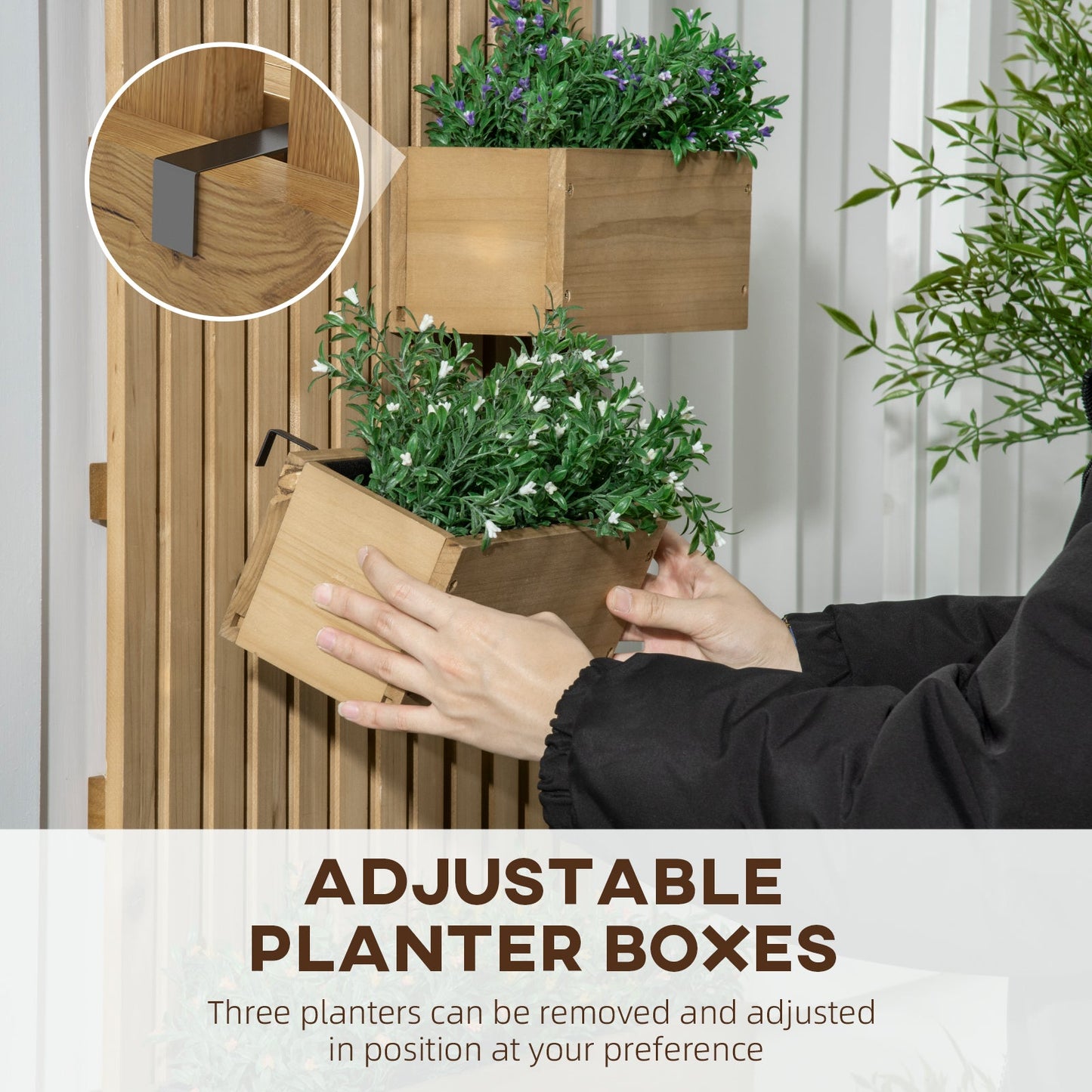 Wall-mounted Wooden Garden Planters with Trellis, Drainage Holes and 3 Planter Boxes for Patio, Carbonised-4