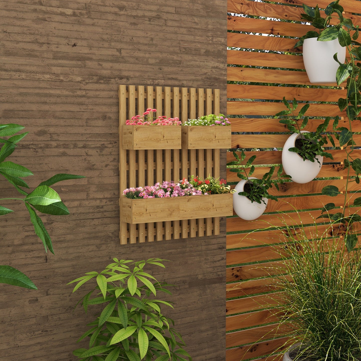 Wall-mounted Wooden Garden Planters with Trellis, Drainage Holes and 3 Planter Boxes for Patio, Carbonised-1