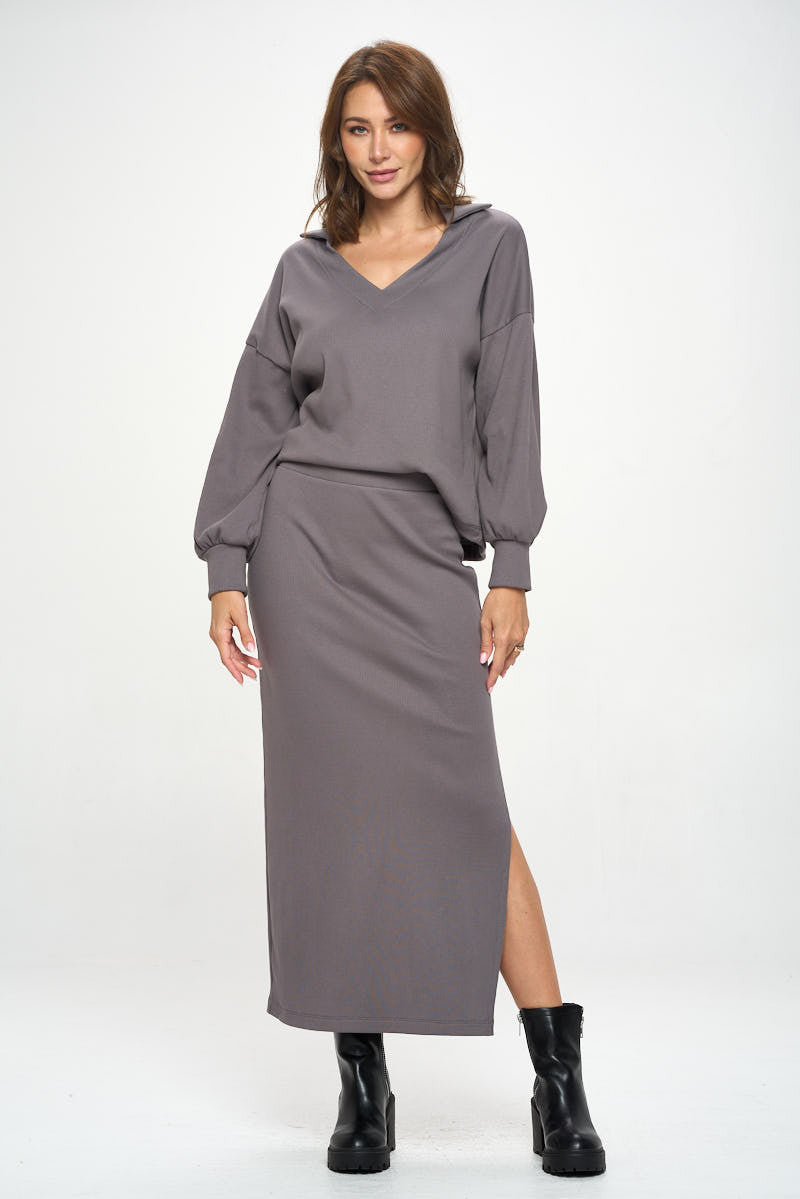 Rib Knit Midi Skirt with Slit-4