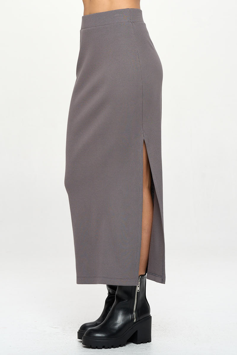 Rib Knit Midi Skirt with Slit-1