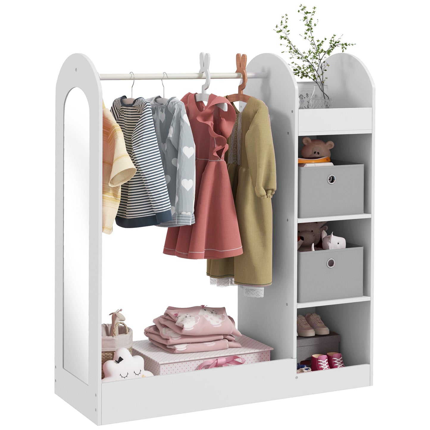 Kids Clothes Rail with Storage Shelf, Boxes, Mirror for Bedroom, Nursery, White-0