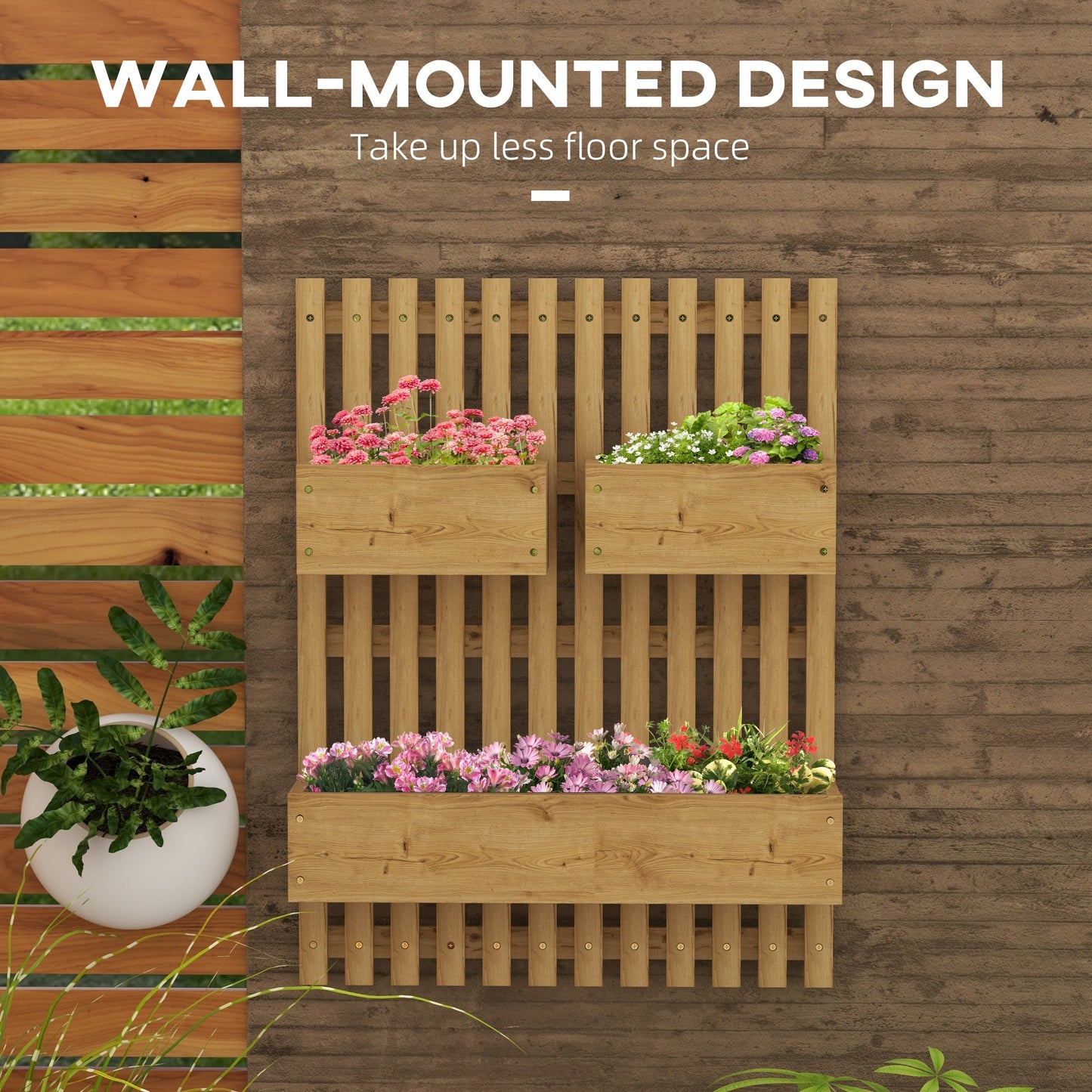 Wall-mounted Wooden Garden Planters with Trellis, Drainage Holes and 3 Planter Boxes for Patio, Carbonised-3