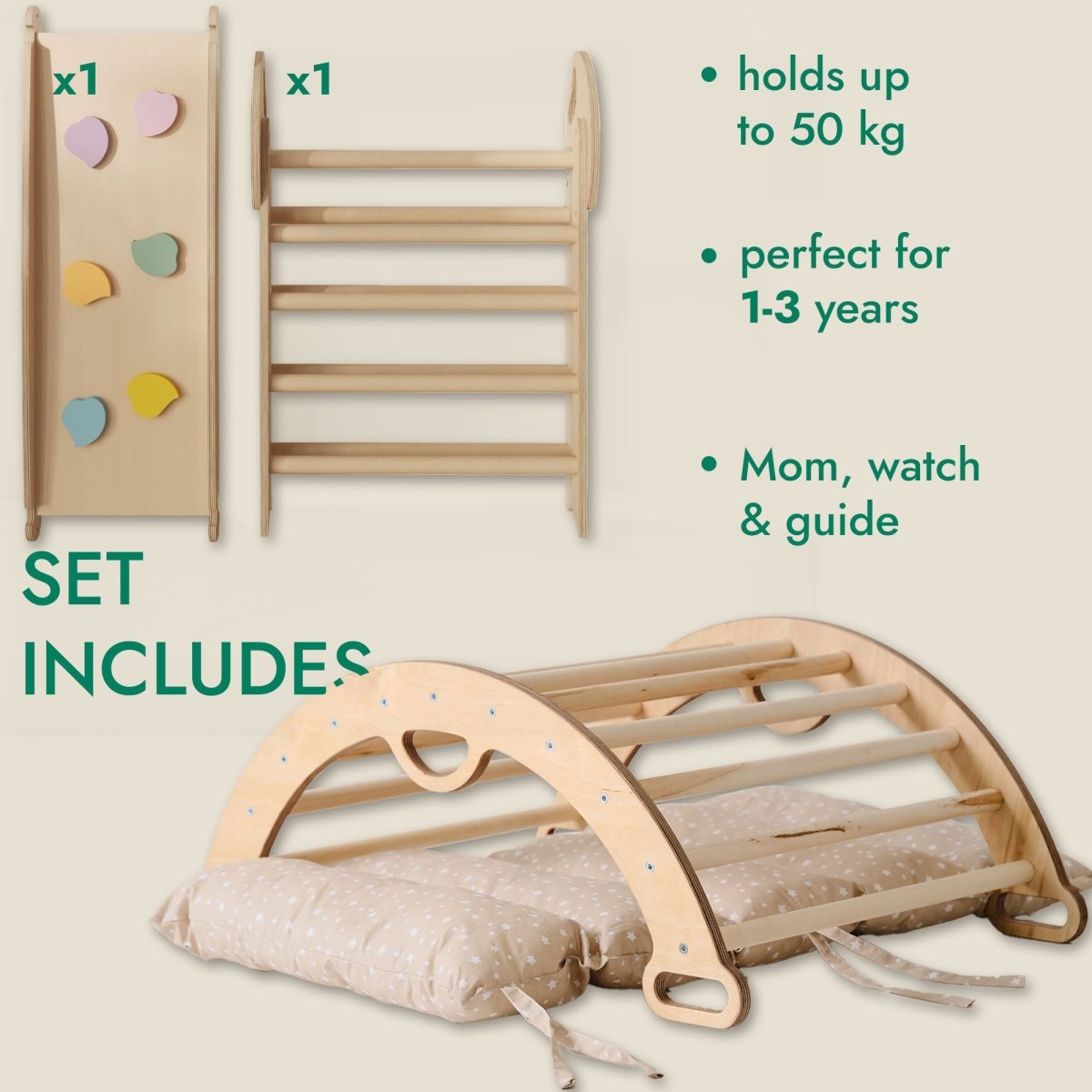 4in1 Montessori Climbing Set: Pikler Triangle, Arch, Slide Board, and Cushion for Toddlers (1–3 Years)-1