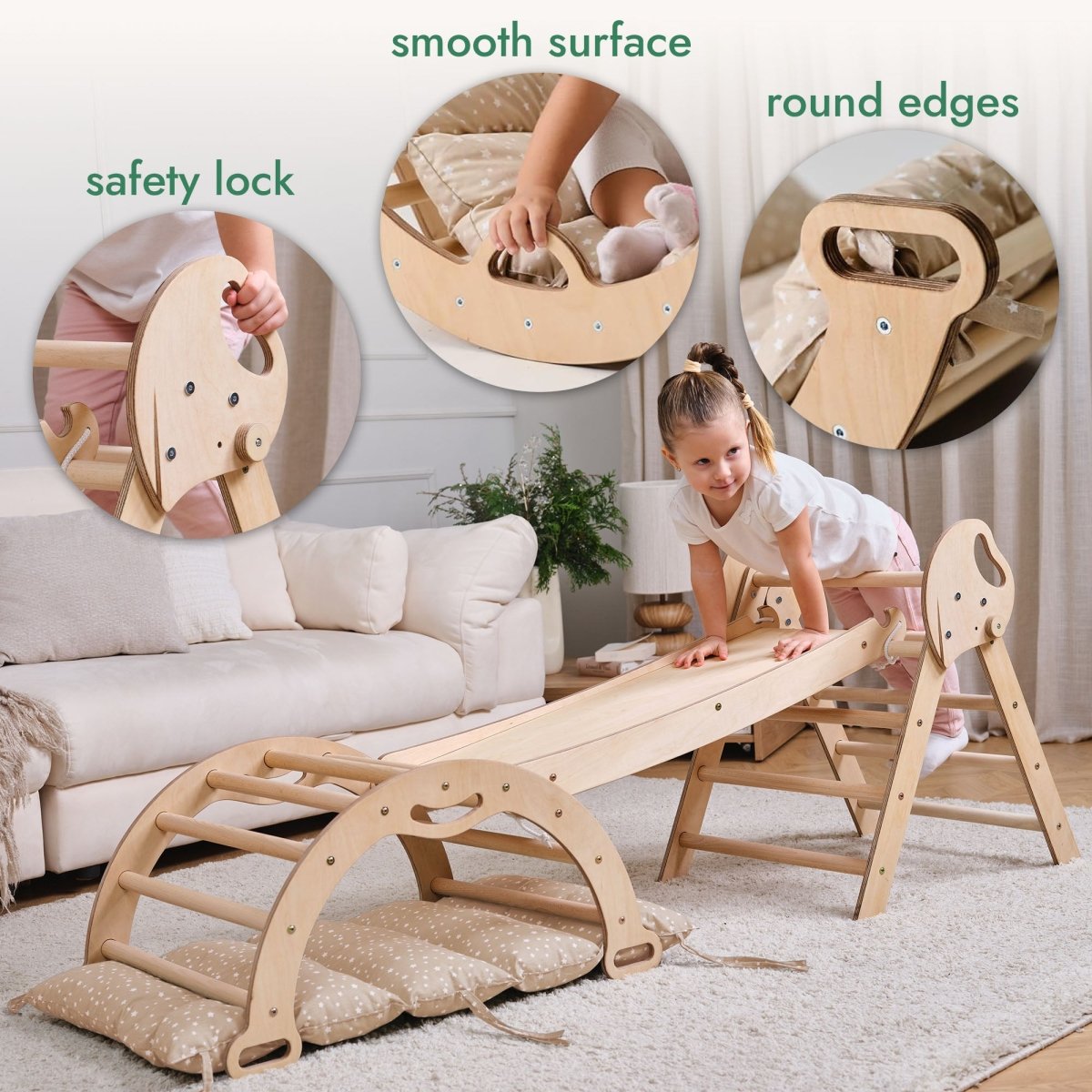 4in1 Montessori Climbing Set: Pikler Triangle, Arch, Slide Board, and Cushion for Toddlers (1–3 Years)-2