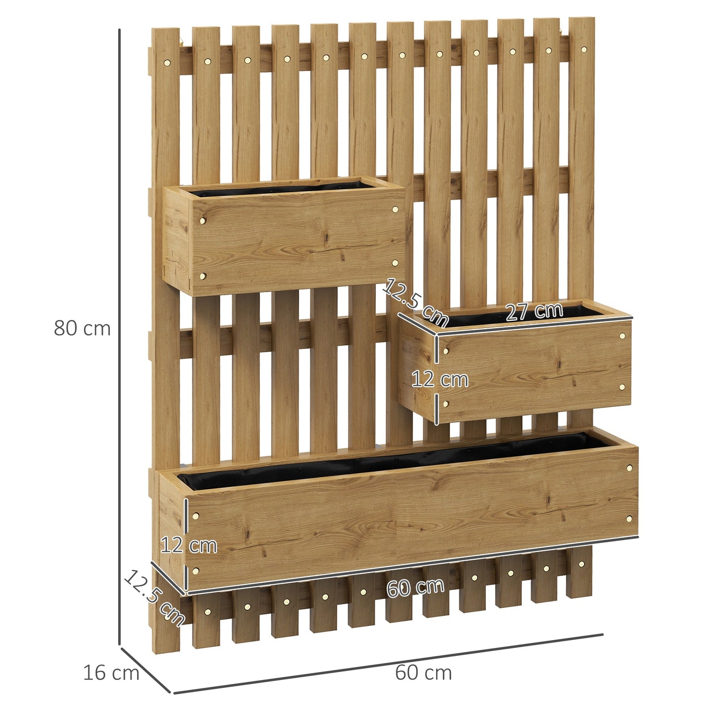 Wall-mounted Wooden Garden Planters with Trellis, Drainage Holes and 3 Planter Boxes for Patio, Carbonised-2