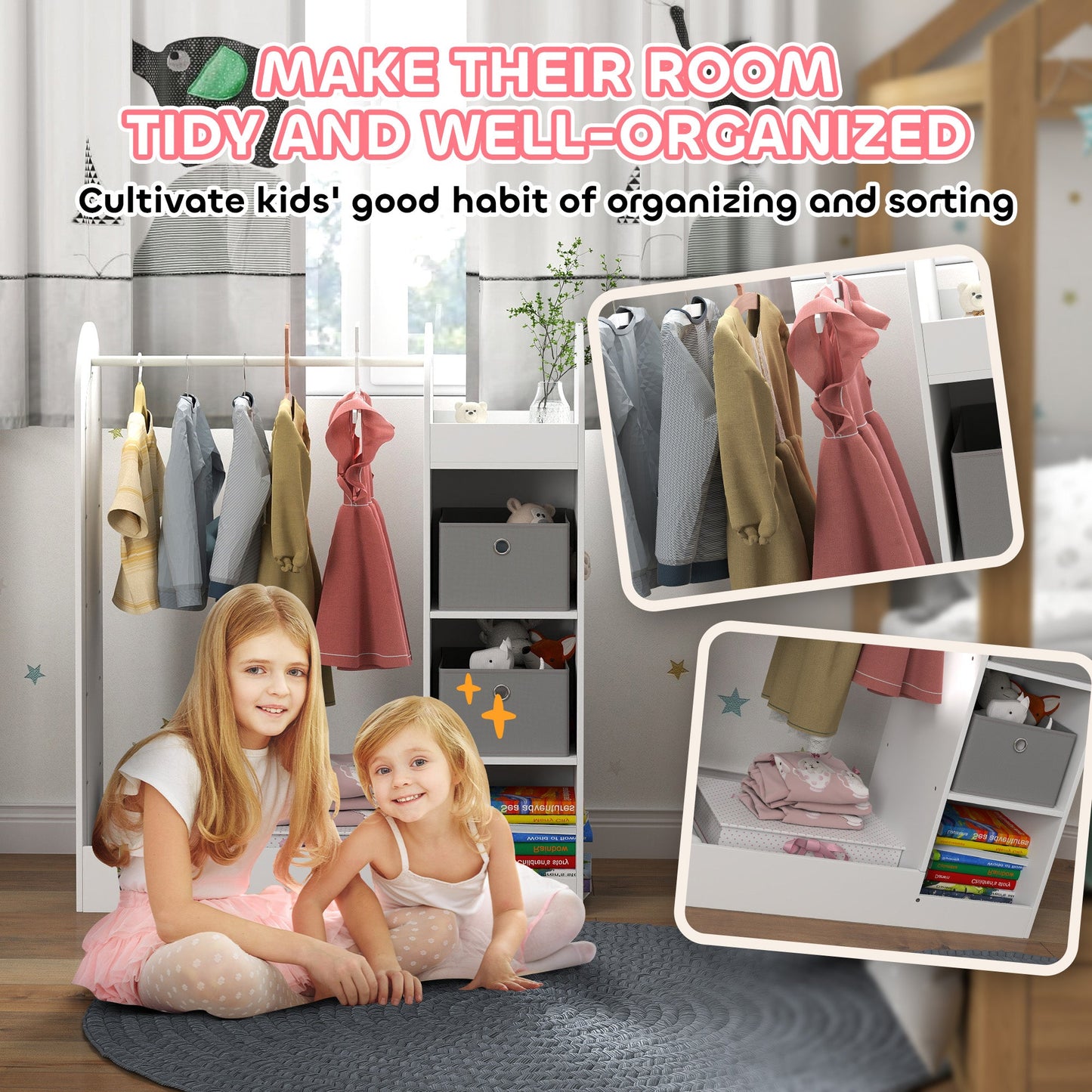 Kids Clothes Rail with Storage Shelf, Boxes, Mirror for Bedroom, Nursery, White-4