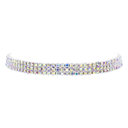 #13332ABS - 3 Row Stretch Rhinestone Necklace - (Iridescent Stones) AB Silver-0
