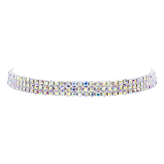 #13332ABS - 3 Row Stretch Rhinestone Necklace - (Iridescent Stones) AB Silver-0