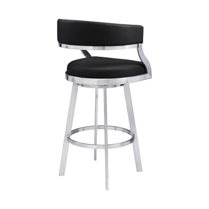 30" Black And Silver Faux Leather And Iron Swivel Low Back Bar Height Bar Chair-3