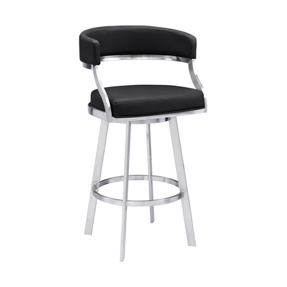 30" Black And Silver Faux Leather And Iron Swivel Low Back Bar Height Bar Chair-0