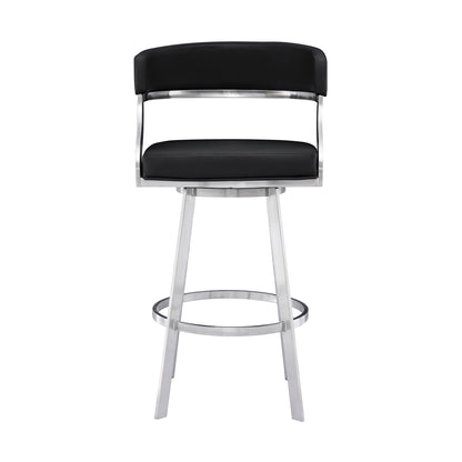 30" Black And Silver Faux Leather And Iron Swivel Low Back Bar Height Bar Chair-2