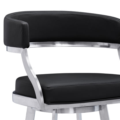 30" Black And Silver Faux Leather And Iron Swivel Low Back Bar Height Bar Chair-4
