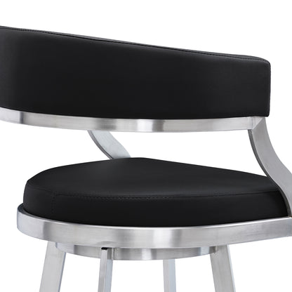 30" Black And Silver Faux Leather And Iron Swivel Low Back Bar Height Bar Chair-5