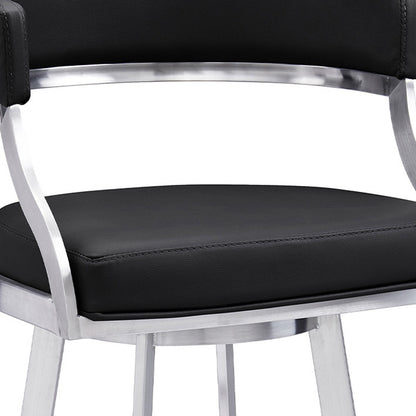 30" Black And Silver Faux Leather And Iron Swivel Low Back Bar Height Bar Chair-7