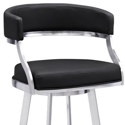 30" Black And Silver Faux Leather And Iron Swivel Low Back Bar Height Bar Chair-8