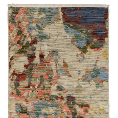 12' Beige Pink And Yellow Abstract Runner Rug With Fringe-3
