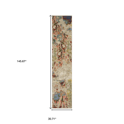 12' Beige Pink And Yellow Abstract Runner Rug With Fringe-2