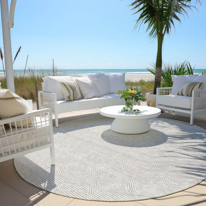 8' Taupe And Ivory Round Geometric Washable Indoor Outdoor Area Rug-4