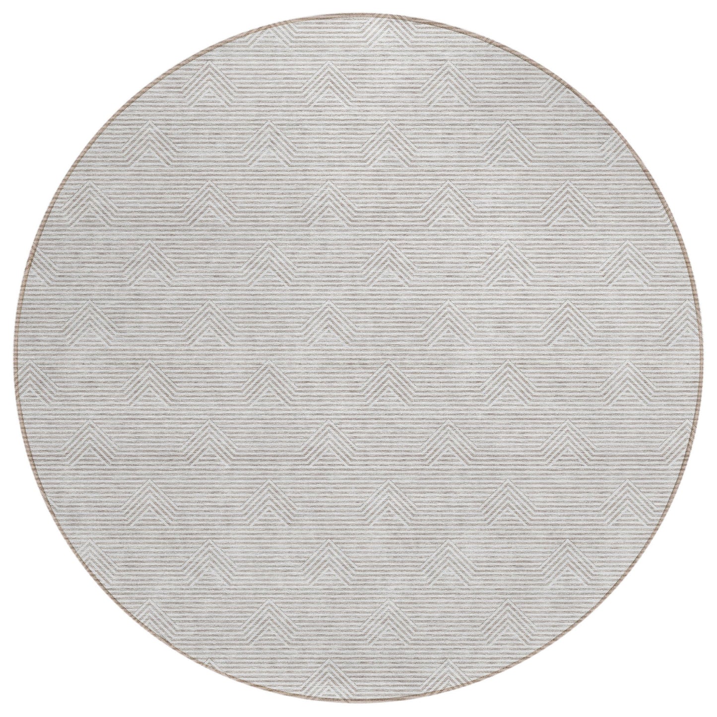 8' Taupe And Ivory Round Geometric Washable Indoor Outdoor Area Rug-1