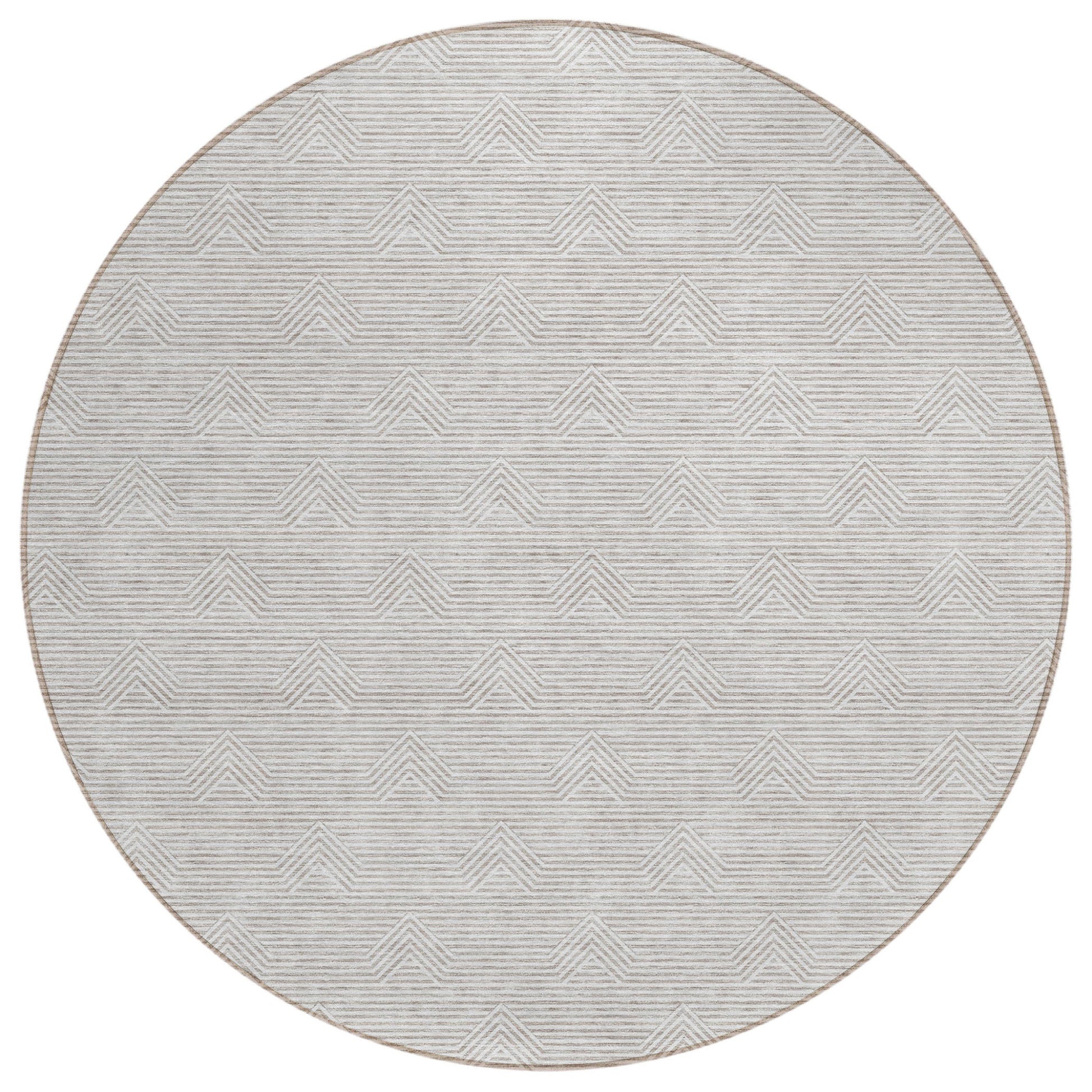 8' Taupe And Ivory Round Geometric Washable Indoor Outdoor Area Rug-1