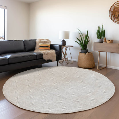 8' Taupe And Ivory Round Geometric Washable Indoor Outdoor Area Rug-5