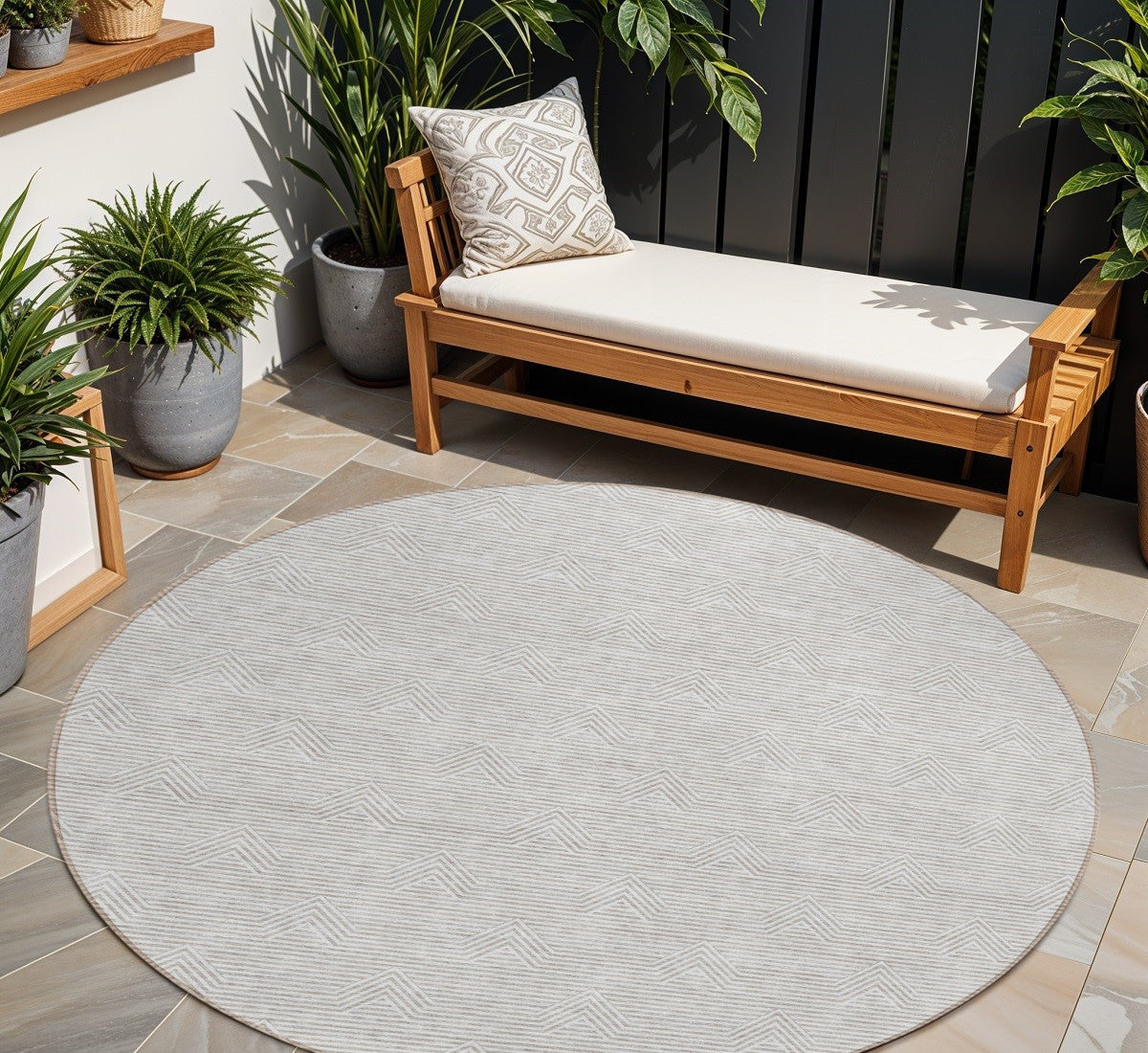 8' Taupe And Ivory Round Geometric Washable Indoor Outdoor Area Rug-0