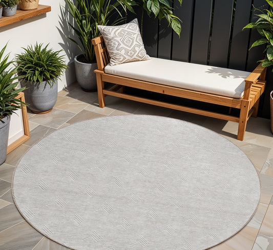 8' Taupe And Ivory Round Geometric Washable Indoor Outdoor Area Rug-0