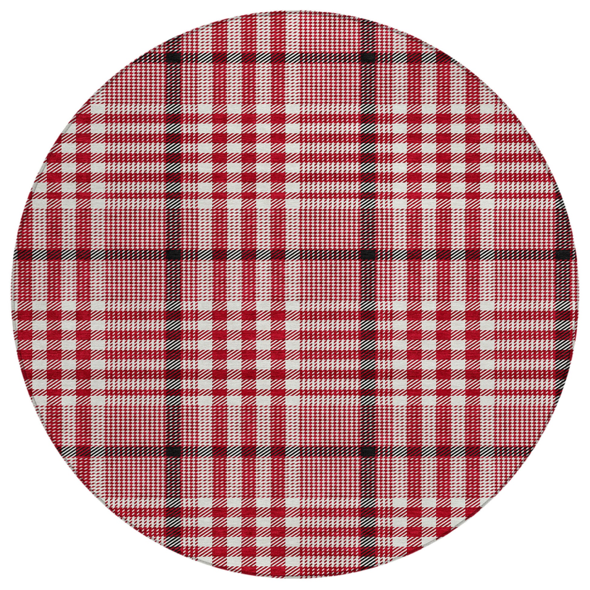 8' Red Black And Ivory Round Plaid Washable Indoor Outdoor Area Rug-1