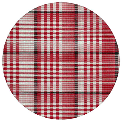 8' Red Black And Ivory Round Plaid Washable Indoor Outdoor Area Rug-1