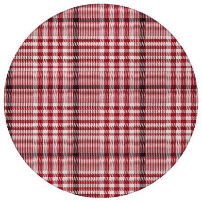 8' Red Black And Ivory Round Plaid Washable Indoor Outdoor Area Rug-4