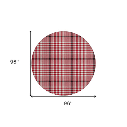 8' Red Black And Ivory Round Plaid Washable Indoor Outdoor Area Rug-7